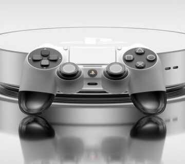 مشخصات فنی PS5 Pro پلی استیشن 5 پرو طرح خیالی از پلی استیشن 5 پرو دایره‌ای نقره‌ای براق با دسته بازی جلوی آن
