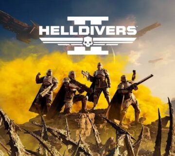 سیستم موردنیاز Helldivers 2 کاور بازی هل دایورز 2 گروهی نظامی در سیاره ای بیگانه دود زرد در پشت سر