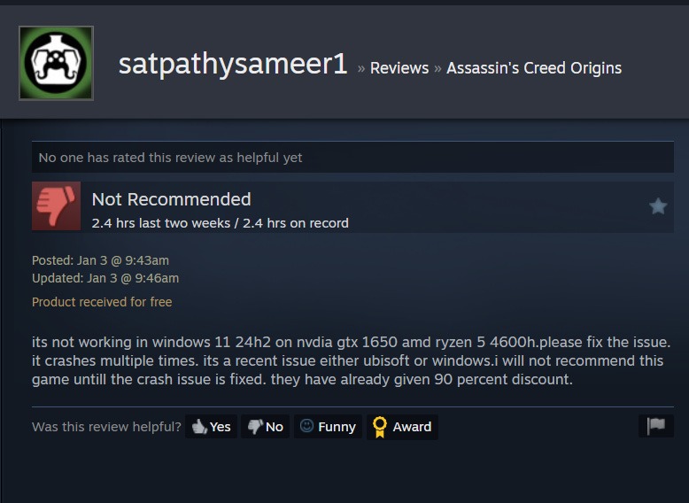 نقد منفی بازی Assassin's Creed Origins به دلیل مشکل با آپدیت جدید ویندوز 11