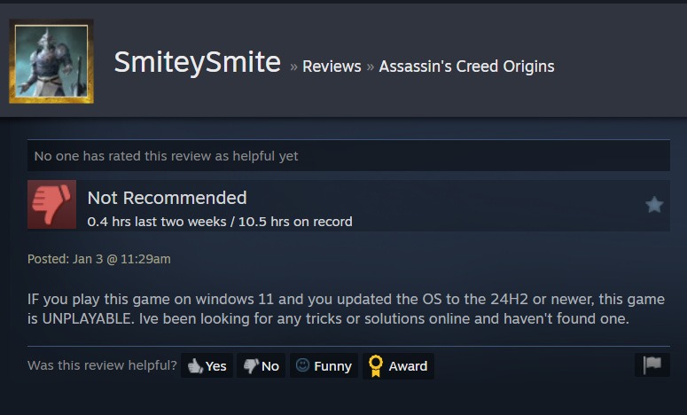 نقد منفی بازی Assassin's Creed Origins به دلیل مشکل با آپدیت جدید ویندوز 11