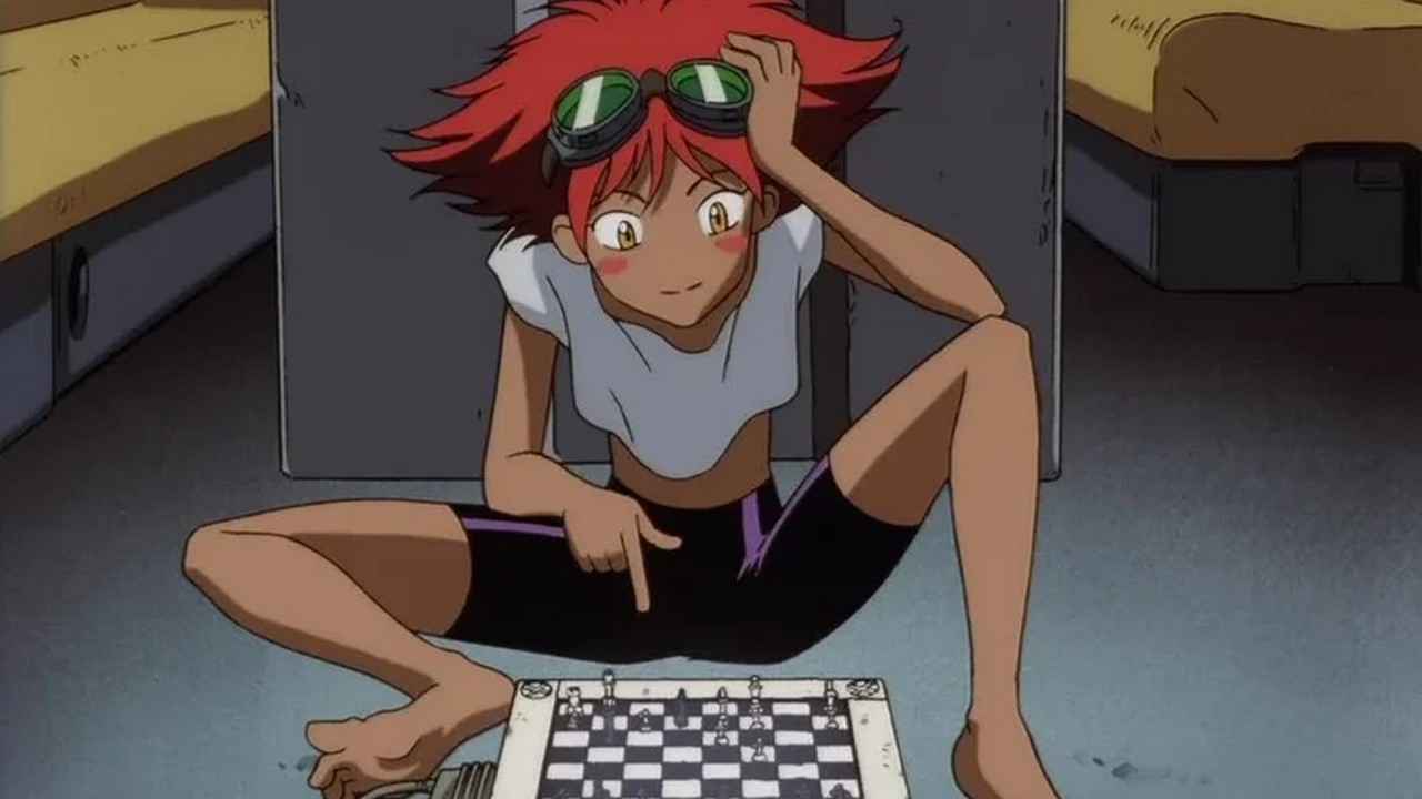 رادیکال ادوارد روی زمین خم شده و شطرنج بازی می‌کند در سریال "کابوی بیباپ" (۱۹۹۸-۲۰۰۰)