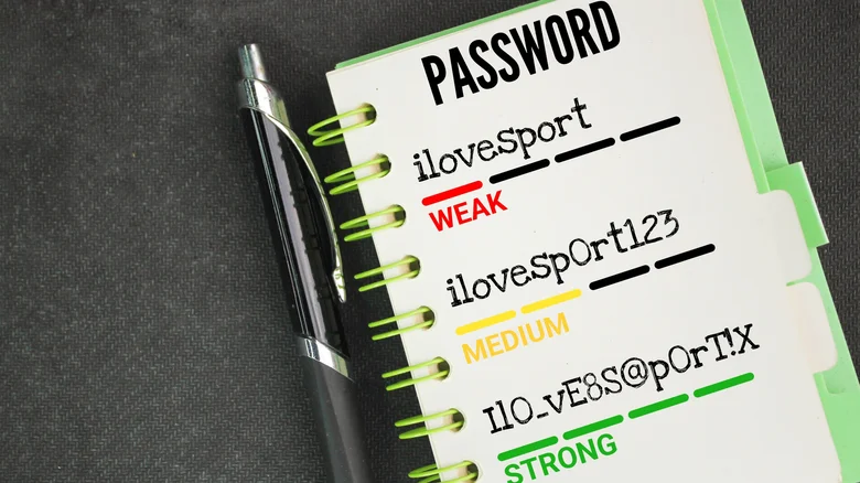 دفترچه‌ای با نمونه رمزهای ضعیف، متوسط و قوی