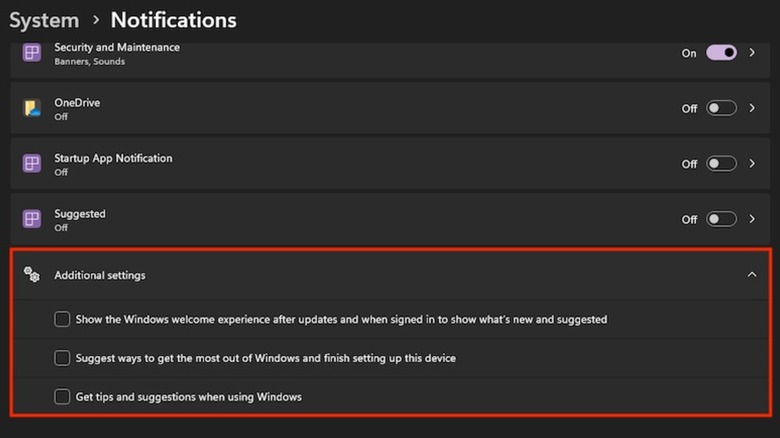 عدم انتخاب تنظیمات اضافی برای اعلان‌ها در اپ تنظیمات ویندوز ۱۱.