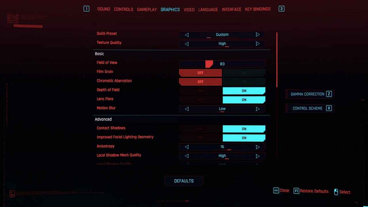 تنظیمات گرافیکی سایبرپانک 2077