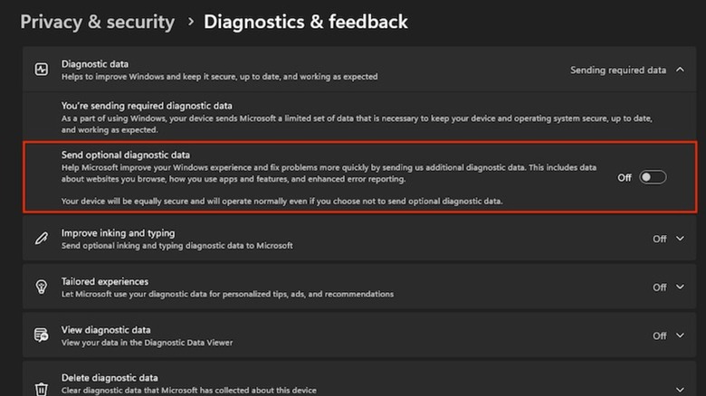 گزینه جمع‌آوری داده اختیاری در اپ تنظیمات ویندوز ۱۱ خاموش شده.