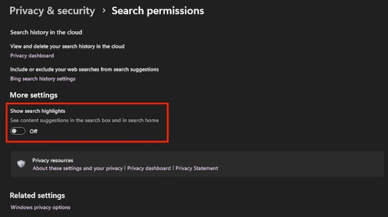 گزینه نمایش Search highlights در اپ تنظیمات ویندوز ۱۱ خاموش شده.