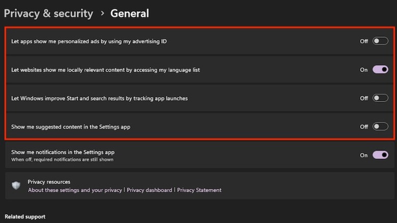 شناسه تبلیغاتی و سایر تنظیمات تبلیغات هدفمند در اپ تنظیمات ویندوز ۱۱ خاموش شده.