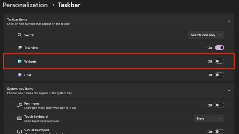 گزینه ویجت‌ها زیر آیتم‌های تسک‌بار در اپ تنظیمات ویندوز ۱۱ خاموش شده.