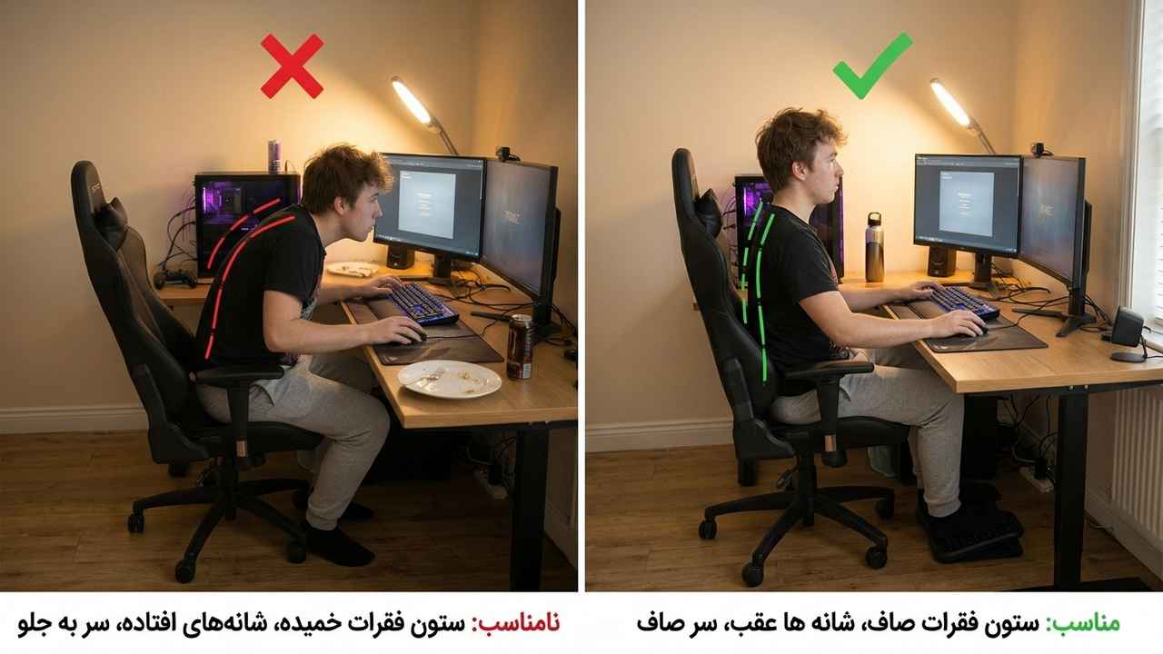 وضعیت صحیح نشستن برای کاهش درد گردن و کمر گیمرها